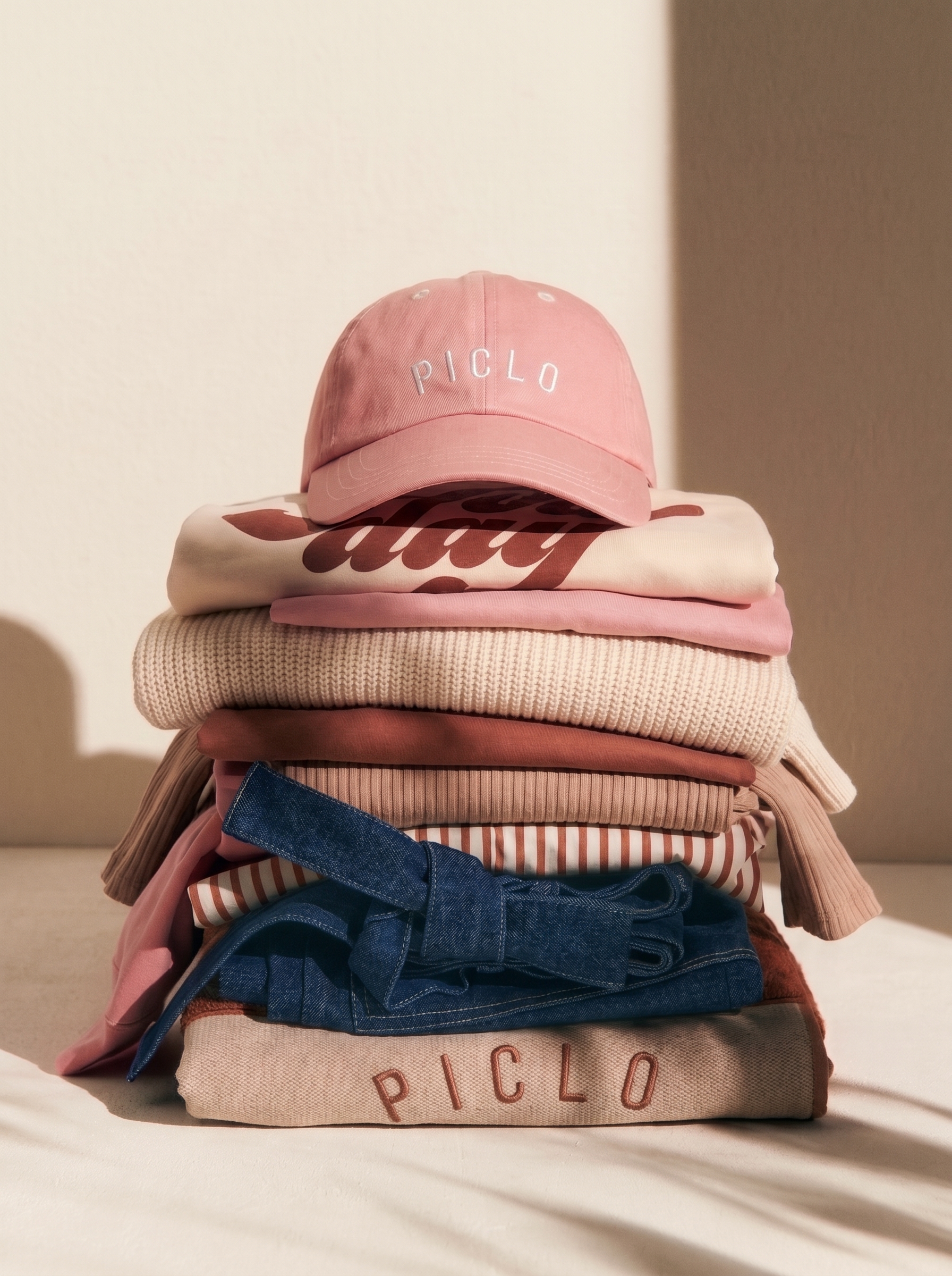 Folded clothes pile with PICLO cap
